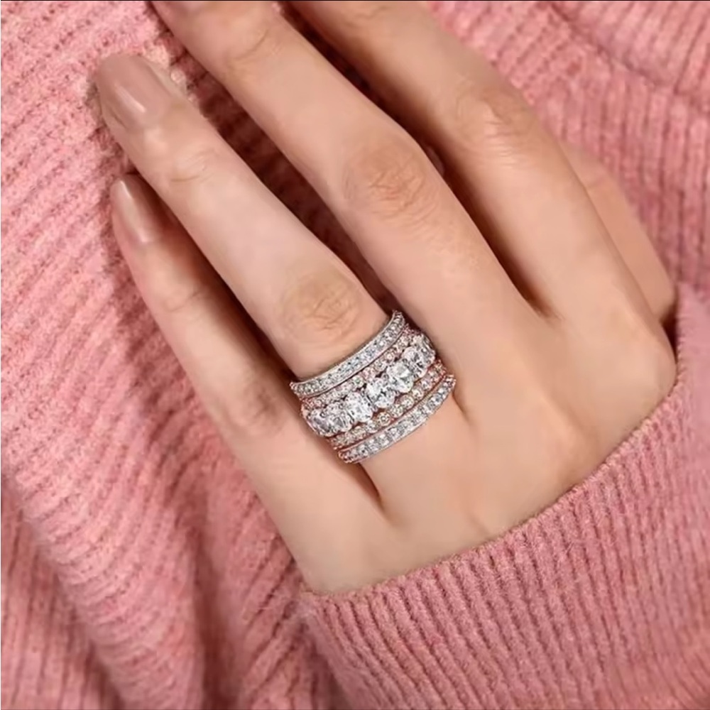 Luxury Two-Tone Wide Ring Full Brilliant Cubic Zirconia Exquisite White Rose 6 - Picture 3 of 5